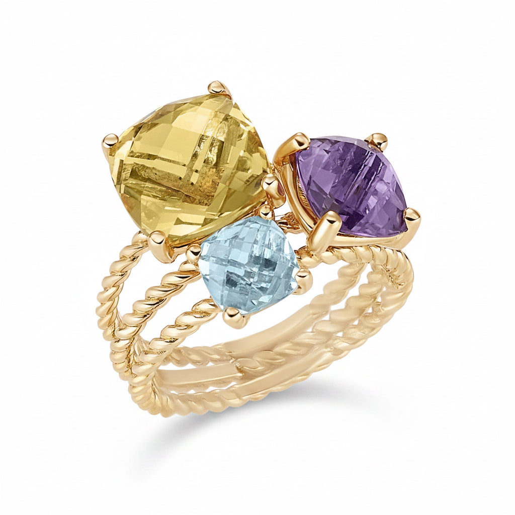 Anello tre pietre semipreziose oro giallo 18k — Collezione Palpiti — Arigiò, gioielli artigianali italiani