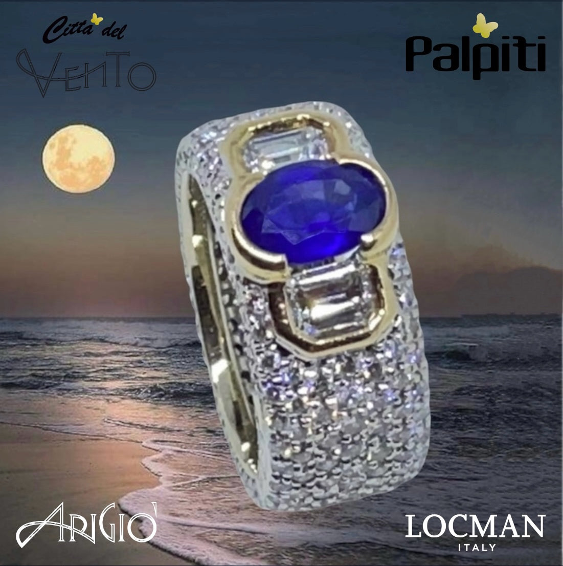Anello Fascia con Zaffiro e diamanti tuttogiro.