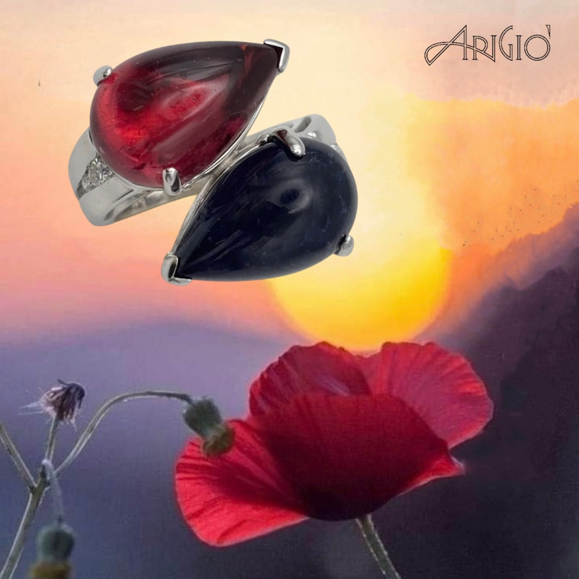 Anello con gocce di iolite e tormalina rossa, realizzato in oro e diamanti